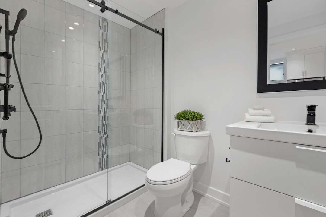 a bathroom with a glass shower